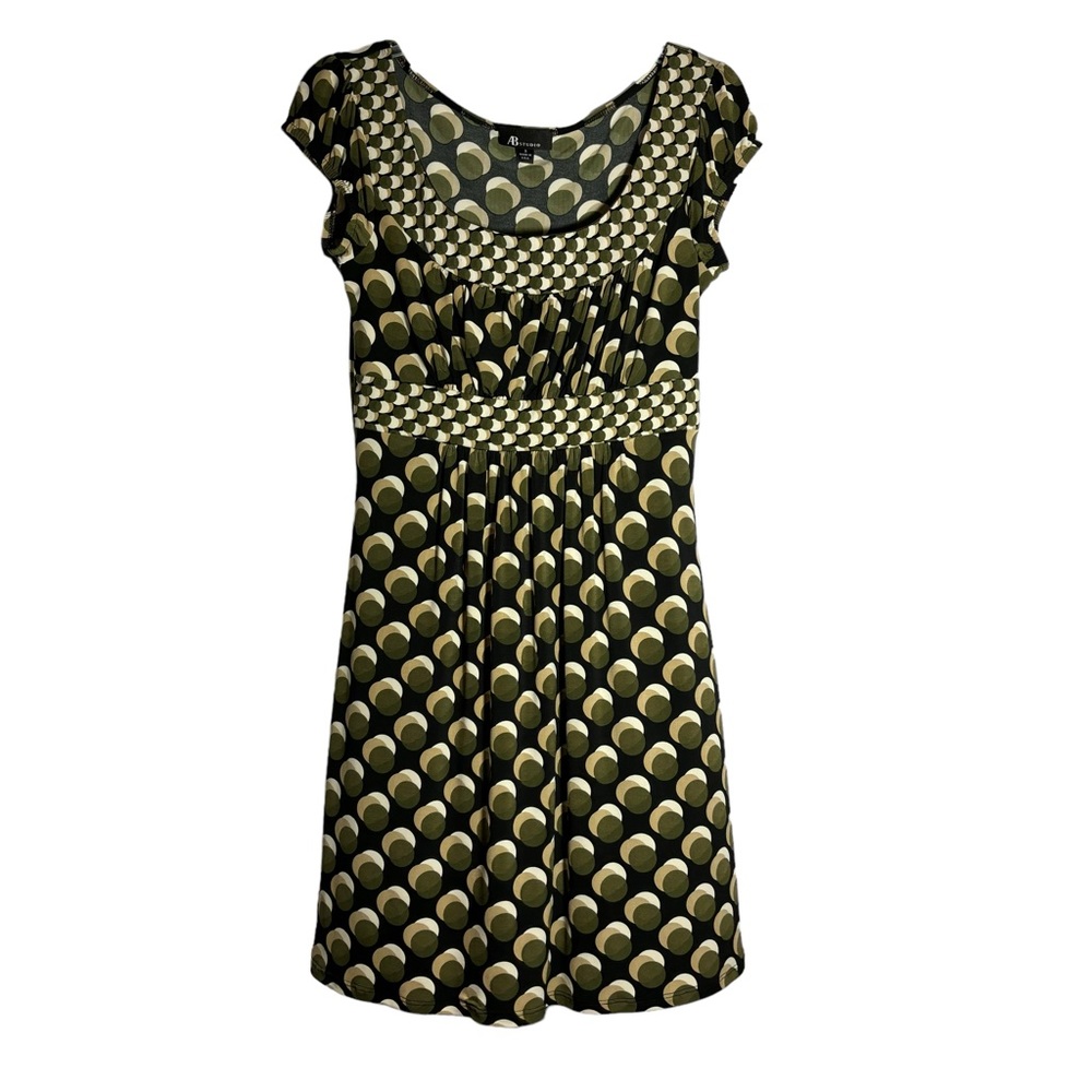 AB Studio Print gathered cap sleeve shirred bodice A line dress Women’s size S
